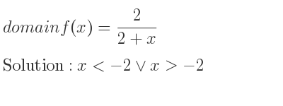 The domain of f(x)= 2/(2+x) is x<-2\lor x>-2